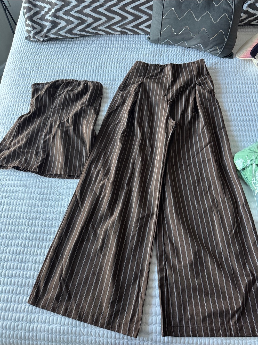 SHEIN Brown Pinstripe Wide-Leg Pants and Strapless Top Set